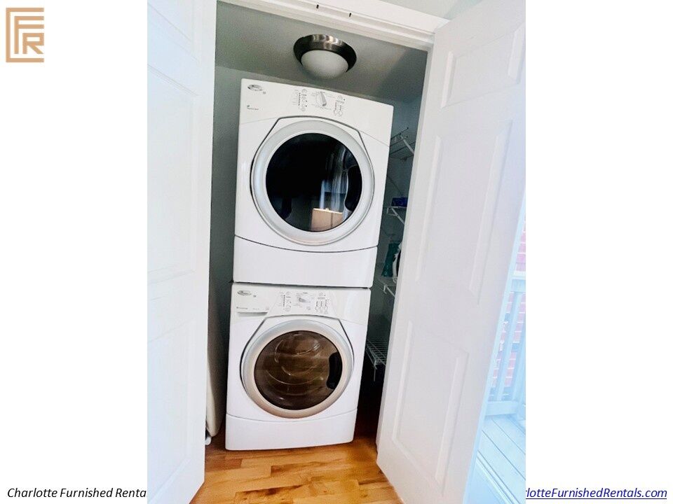 11-extended-stay-housing-elizabeth-charlotte-in-unit-laundry Stacked in-unit washer and dryer at 934 Gracie Way Charlotte