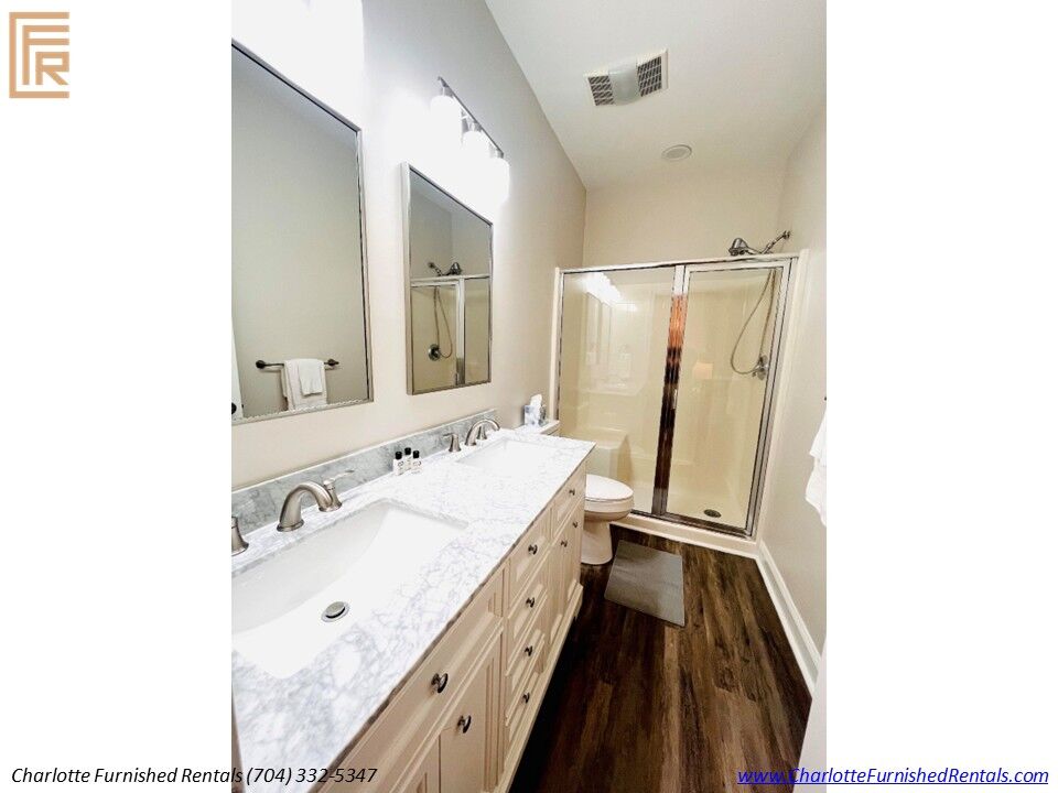 Walk-In Shower Furnished Rental Dilworth Charlotte Full bathroom with walk-in shower in Dilworth Charlotte furnished rental