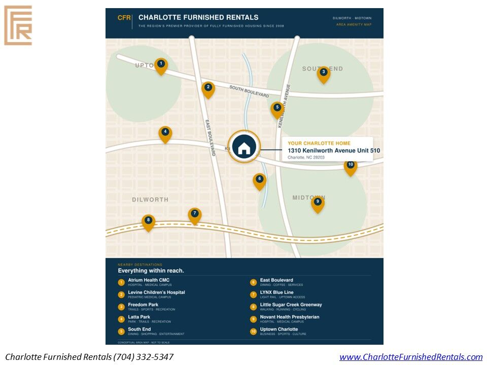 Dilworth Midtown Charlotte Furnished Housing Map Dilworth Midtown Charlotte amenity map for furnished housing