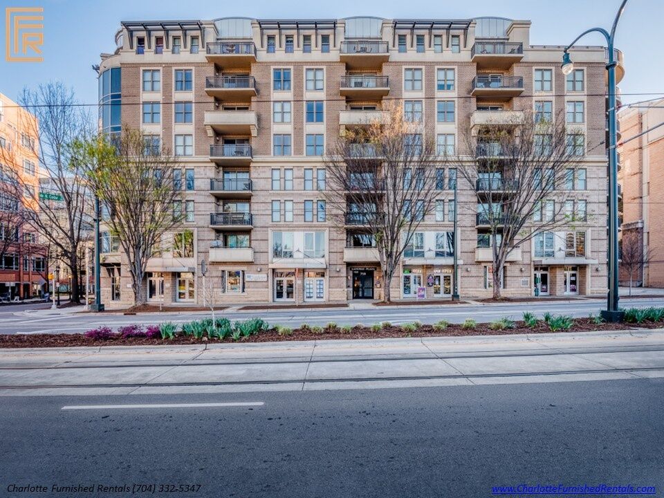 718-west-trade-unit-813-building-exterior-gateway-village Building exterior at 718 West Trade Street Unit 813, a furnished rental in Gateway Village / Uptown Charlotte