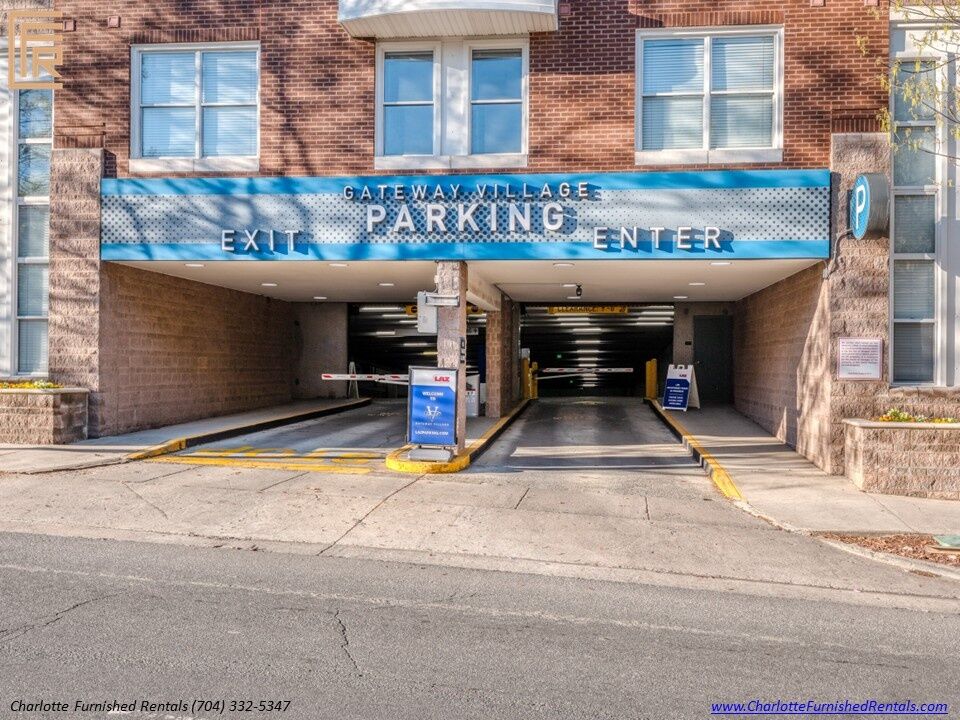 718-west-trade-unit-813-gateway-village-parking-entrance-gateway-village Gateway village parking entrance at 718 West Trade Street Unit 813, a furnished rental in Gateway Village