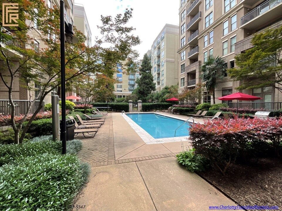 718-west-trade-unit-813-landscaped-community-pool-uptown-charlotte Landscaped community pool at 718 West Trade Street Unit 813, a furnished rental in Uptown Charlotte