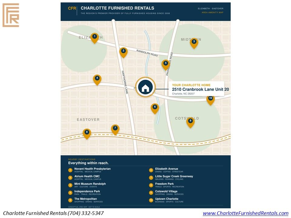 2510 Cranbrook Lane Unit 20 Location Map | Charlotte Map showing 2510 Cranbrook Lane Unit 20 near Elizabeth Eastover Cotswold Midtown and Uptown Charlotte