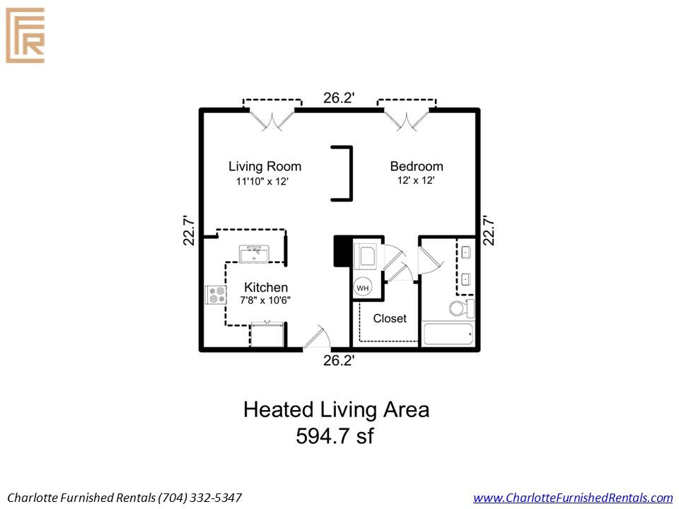 02-1315-east-blvd-unit-534-one-bedroom-floor-plan Floor plan of the one-bedroom furnished apartment at 1315 East Boulevard Unit 534 in Charlotte.