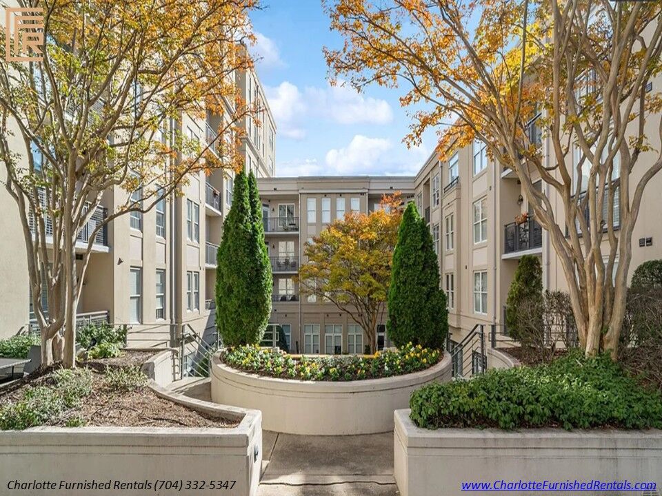 21-1315-east-blvd-courtyard-garden-dilworth-charlotte Courtyard garden framed by apartment buildings and mature trees at 1315 East Boulevard.