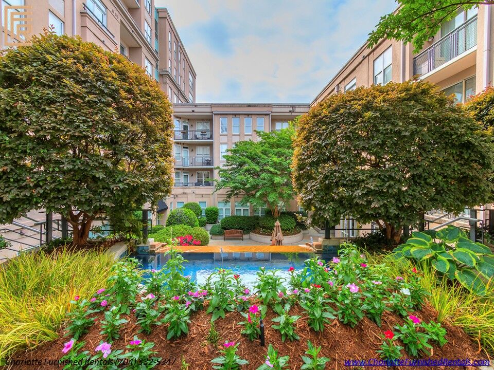 23-1315-east-blvd-courtyard-fountain-garden Colorful flowers and landscaped fountain courtyard at 1315 East Boulevard in Charlotte.